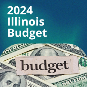 2024 Illinois Budget. Image of Hundred dollar bills with the word budget over the bills.  